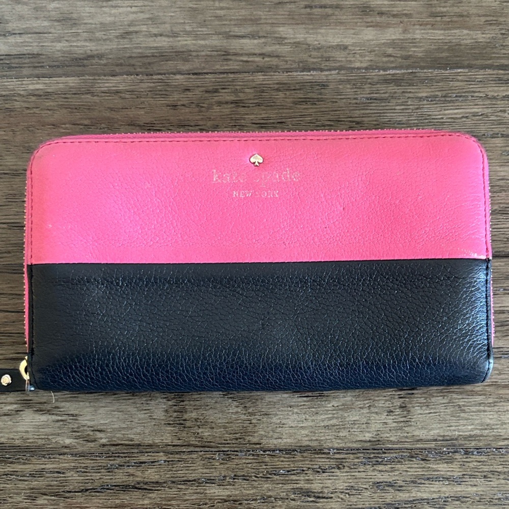 [Kate Spade] Two-Tone Zip-Around Long Colorblock Pink & Black Designer Wallet - Picture 2 of 12